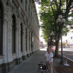 Grandma by the historic bank in Salem