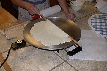 Putting the lefse on the griddle